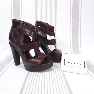MARNI Platform Heels Sz 5.5. Leather Dark‎ Brown Leather Gladiator Date Night